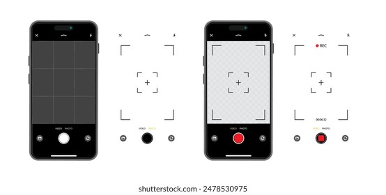 Interfaz de cámara de teléfono inteligente: visor, cuadrícula, Botones, luces y controles de enfoque en App de Fotografía móvil. Vector