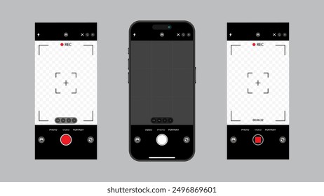 Interfaz de la cámara del smartphone: Visor, rejilla, Botones, luces y controles de enfoque en App de Fotografía móviles. Vector.