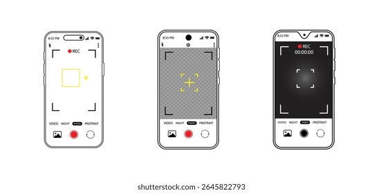Smartphone Camera Interface: Viewfinder, Grid, Buttons, Lights, and Focus Controls in Mobile Photography Apps. Camera interface in phone screen. Vector.