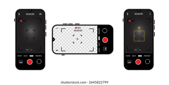 Smartphone Camera Interface: Viewfinder, Grid, Buttons, Lights, and Focus Controls in Mobile Photography Apps. Camera interface in phone screen. Vector.