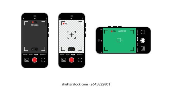 Smartphone Camera Interface: Viewfinder, Grid, Buttons, Lights, and Focus Controls in Mobile Photography Apps. Camera interface in phone screen. Vector.