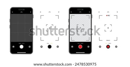 Smartphone Camera Interface: Viewfinder, Grid, Buttons, Lights, and Focus Controls in Mobile Photography Apps. Vector