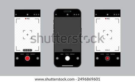 Smartphone Camera Interface: Viewfinder, Grid, Buttons, Lights, and Focus Controls in Mobile Photography Apps. Vector.