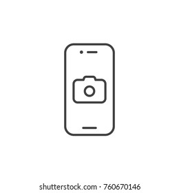 Smartphone with camera line icon. Mobile phone with photo sign for web design or business card. Vector outline element isolated on white