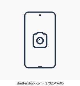 Smartphone with camera line vector icon. Photo symbol. Phone lens silhouette icons for web design. Tablet photographing flat icon for app design. Modern gadget shutter sign minimal flat linear icons