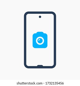 Smartphone with camera line vector icon. Photo symbol. Phone lens silhouette icons for web design. Tablet photographing flat icon for app design. Modern gadget shutter sign minimal flat linear icons