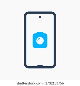 Smartphone with camera line vector icon. Photo symbol. Phone lens silhouette icons for web design. Tablet photographing flat icon for app design. Modern gadget shutter sign minimal flat linear icons