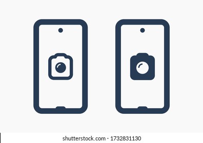 Smartphone camera line vector icon. Photo symbol. Phone lens silhouette icons set for web design. Tablet photographing flat icon for app design. Modern gadget shutter sign minimal flat linear icons