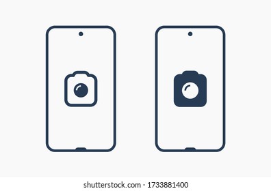 Icono vector de línea de la cámara Smartphone. Símbolo de foto. Iconos de silueta de lente de teléfono establecidos para el diseño web. Tablet fotografiando icono plano para el diseño de aplicaciones. Signo de obturador moderno gadget iconos lineales planos mínimos
