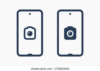 Smartphone camera line vector icon. Photo symbol. Phone lens silhouette icons set for web design. Tablet photographing flat icon for app design. Modern gadget shutter sign minimal flat linear icons