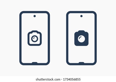 Smartphone camera line vector icon. Photo symbol. Phone lens silhouette icons set for web design. Tablet photographing flat icon for app design. Modern gadget shutter sign minimal flat linear icons