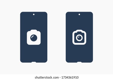 Icono vector de línea de la cámara Smartphone. Símbolo de foto. Iconos de silueta de lente de teléfono establecidos para el diseño web. Tablet fotografiando icono plano para el diseño de aplicaciones. Signo de obturador moderno gadget iconos lineales planos mínimos