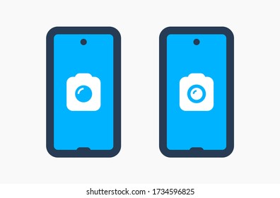 Smartphone camera line vector icon. Photo symbol. Phone lens silhouette icons set for web design. Tablet photographing flat icon for app design. Modern gadget shutter sign minimal flat linear icons