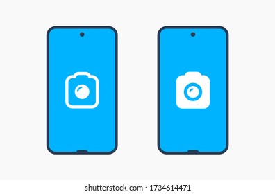 Icono vector de línea de la cámara Smartphone. Símbolo de foto. Iconos de silueta de lente de teléfono establecidos para el diseño web. Tablet fotografiando icono plano para el diseño de aplicaciones. Signo de obturador moderno gadget iconos lineales planos mínimos