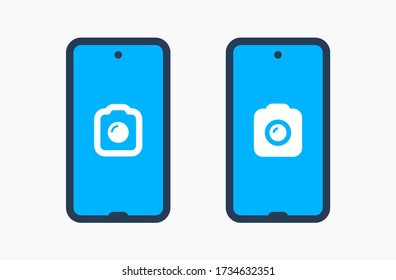 Icono vector de línea de la cámara Smartphone. Símbolo de foto. Iconos de silueta de lente de teléfono establecidos para el diseño web. Tablet fotografiando icono plano para el diseño de aplicaciones. Signo de obturador moderno gadget iconos lineales planos mínimos