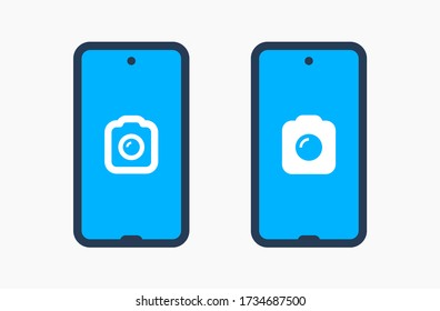 Smartphone camera line vector icon. Photo symbol. Phone lens silhouette icons set for web design. Tablet photographing flat icon for app design. Modern gadget shutter sign minimal flat linear icons