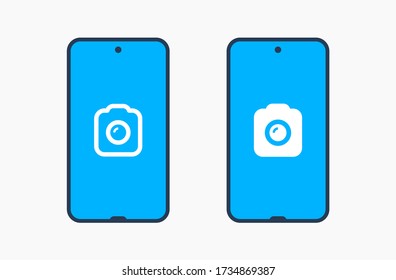 Smartphone camera line vector icon. Photo symbol. Phone lens silhouette icons set for web design. Tablet photographing flat icon for app design. Modern gadget shutter sign minimal flat linear icons