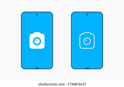Smartphone camera line vector icon. Photo symbol. Phone lens silhouette icons set for web design. Tablet photographing flat icon for app design. Modern gadget shutter sign minimal flat linear icons