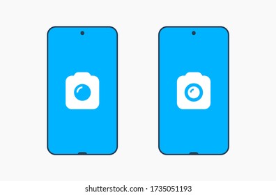 Icono vector de línea de la cámara Smartphone. Símbolo de foto. Iconos de silueta de lente de teléfono establecidos para el diseño web. Tablet fotografiando icono plano para el diseño de aplicaciones. Signo de obturador moderno gadget iconos lineales planos mínimos