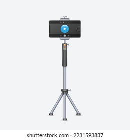 Smartphone with camera on tripod realistic. Mobile phone using for shooting content in studio. Social media blogger or vlogger equipment for multimedia creation. Vector illustration
