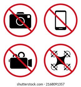 Smartphone Camera Quadcopter Forbidden Pictogram. Ban Recording Video Black Silhouette Icon. Prohibited Photo Camera Red Stop Circle Symbol. No Allowed Copter Zone Sign. Isolated Vector Illustration.