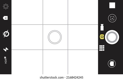 smartphone camera, camera recording, viewfinder camera, focus screen on black background. vector illustration