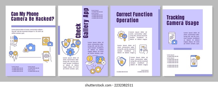 Smartphone camera security purple brochure template. Prevent hacker attack. Leaflet design with linear icons. Editable 4 vector layouts for presentation, annual reports. Anton, Lato Regular fonts used