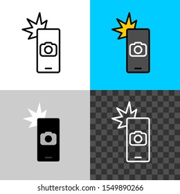 Smartphone camera shot icon. Take picture symbol. Phone silhouette with flash and photo camera sign. Adjustable stroke width.