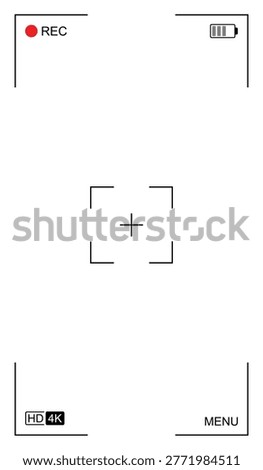 Smartphone camera viewfinder frame with rec recording sign and battery status. Camera screen template for overlay illustration. Vector and transparent PNG background