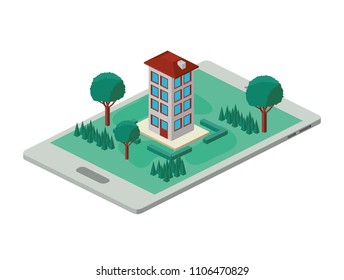 smartphone with camp and building isometric