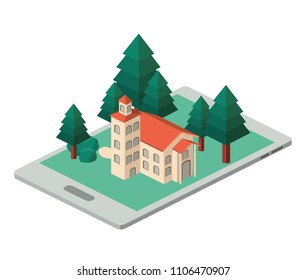 smartphone with camp and building isometric