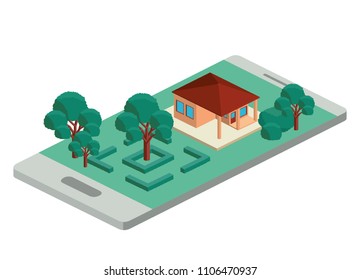 smartphone with camp and building isometric