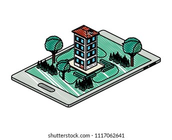 smartphone with camp and building isometric
