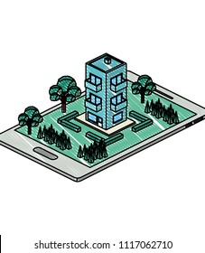 smartphone with camp and building isometric