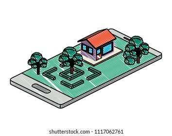 smartphone with camp and building isometric