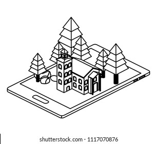 smartphone with camp and building isometric