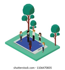 smartphone with camp and people isometric icon