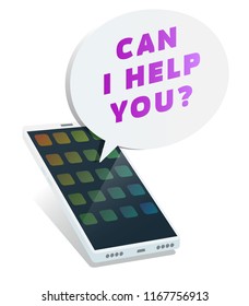 Smartphone with can i help you text in bubble 