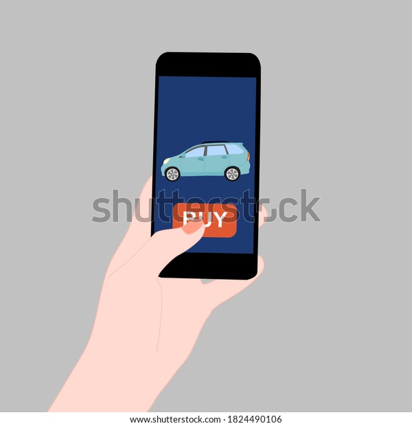 Smartphone with car and buy button on the\
screen.  Contactless online purchase of goods using your phone.\
Vehicle Advertisement. Mobile\
application.
