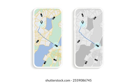 Smartphone Car Route Mapping: GPS Tracking and Shared Car App Concept - Vector Illustration