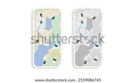 Smartphone Car Route Mapping: GPS Tracking and Shared Car App Concept - Vector Illustration