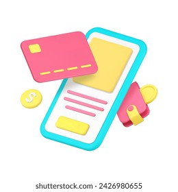 Smartphone card payment application online banking service technology 3d icon realistic vector illustration. Internet financial account mobile phone app virtual money buying purchase software