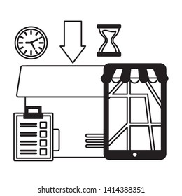 smartphone cardboard box clock map clipboard fast delivery vector illustration