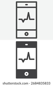 Smartphone com conjunto de ícones de estilo diferente do cardiograma. Versão de linha e glifo, contorno e ícone de vetor de rastreamento de integridade de traçado sólido editável. Símbolo de aptidão.