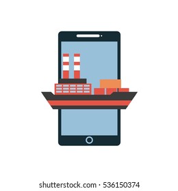 smartphone and Cargo ship icon over white background. colorful design. vector illustration
