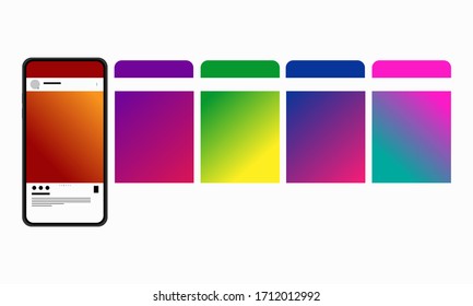 Smartphone with a carousel interface post on a social network with bright backgrounds, vector graphics isolated on a white background