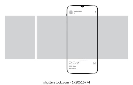 Smartphone with carousel interface post on social network. Mockup of the mobile application on the screen of a realistic smartphone.