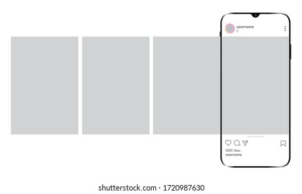 Smartphone with carousel interface post on social network. Mockup of the mobile application on the screen of a realistic smartphone.
