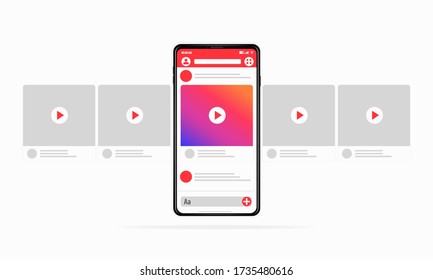 Smartphone with carousel posting interface concept Colorful gradient on the phone screen SMM on social network Great drawn smartphone in a realistic style Very easy to edit All objects isolated Vector