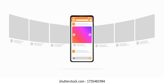 Smartphone with carousel posting interface concept Colorful gradient on the phone screen SMM on social network Great drawn smartphone in a realistic style Very easy to edit All objects isolated Vector